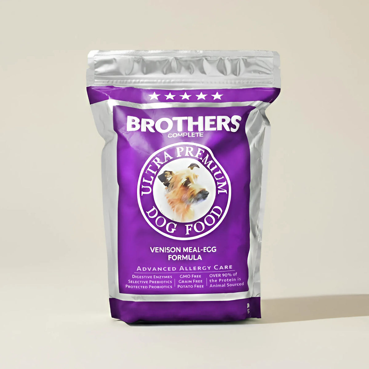 Brothers Ultra Premium Dog Food package on a beige background