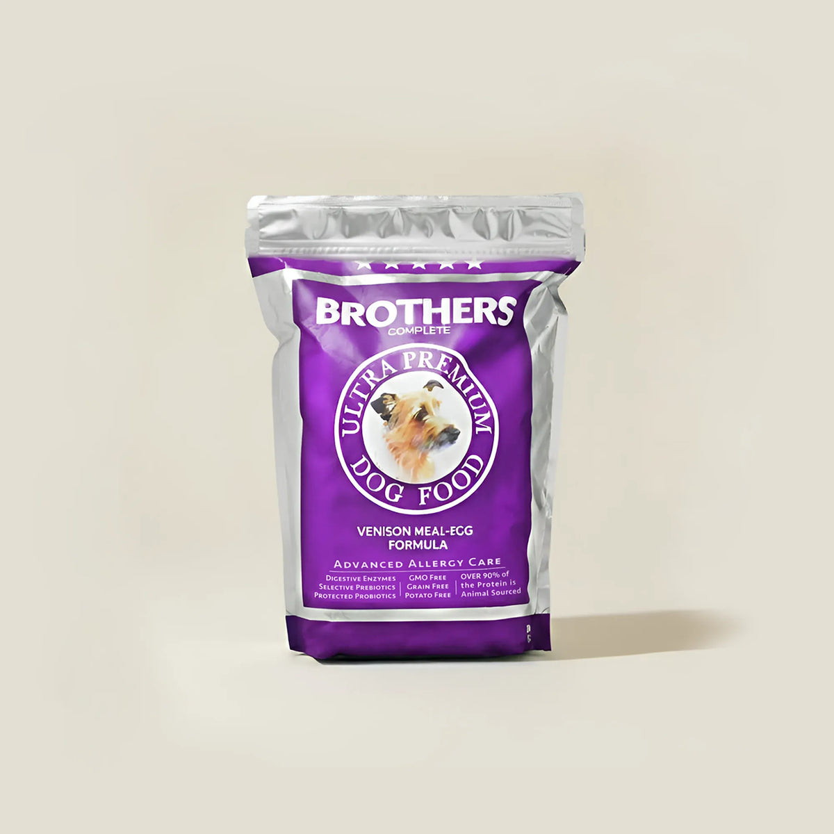Purple bag of Brothers Ultra Premium Dog Food on a beige background