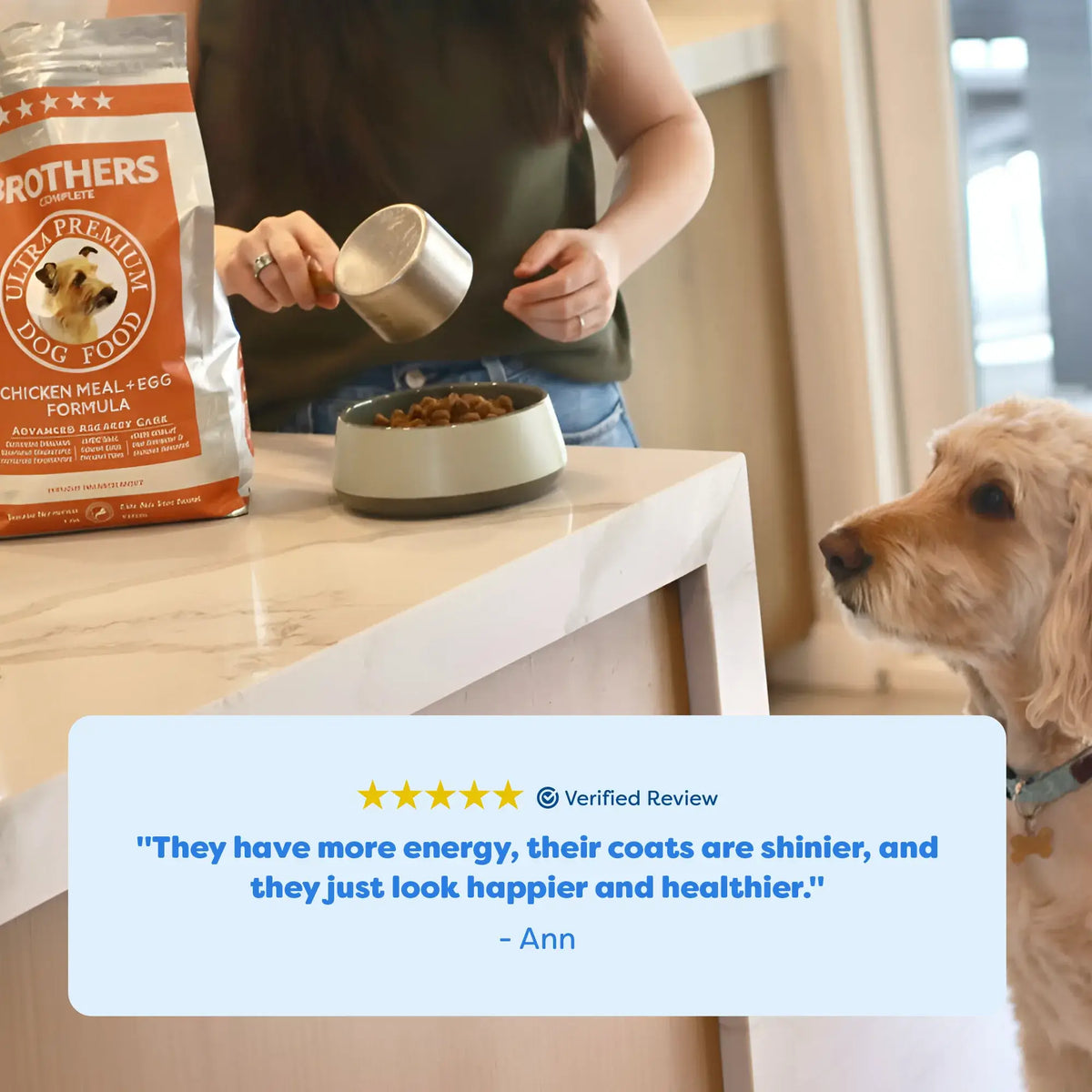 Person pouring dog food into a bowl with a bag of dog food and a dog watching, featuring a five-star review quote.