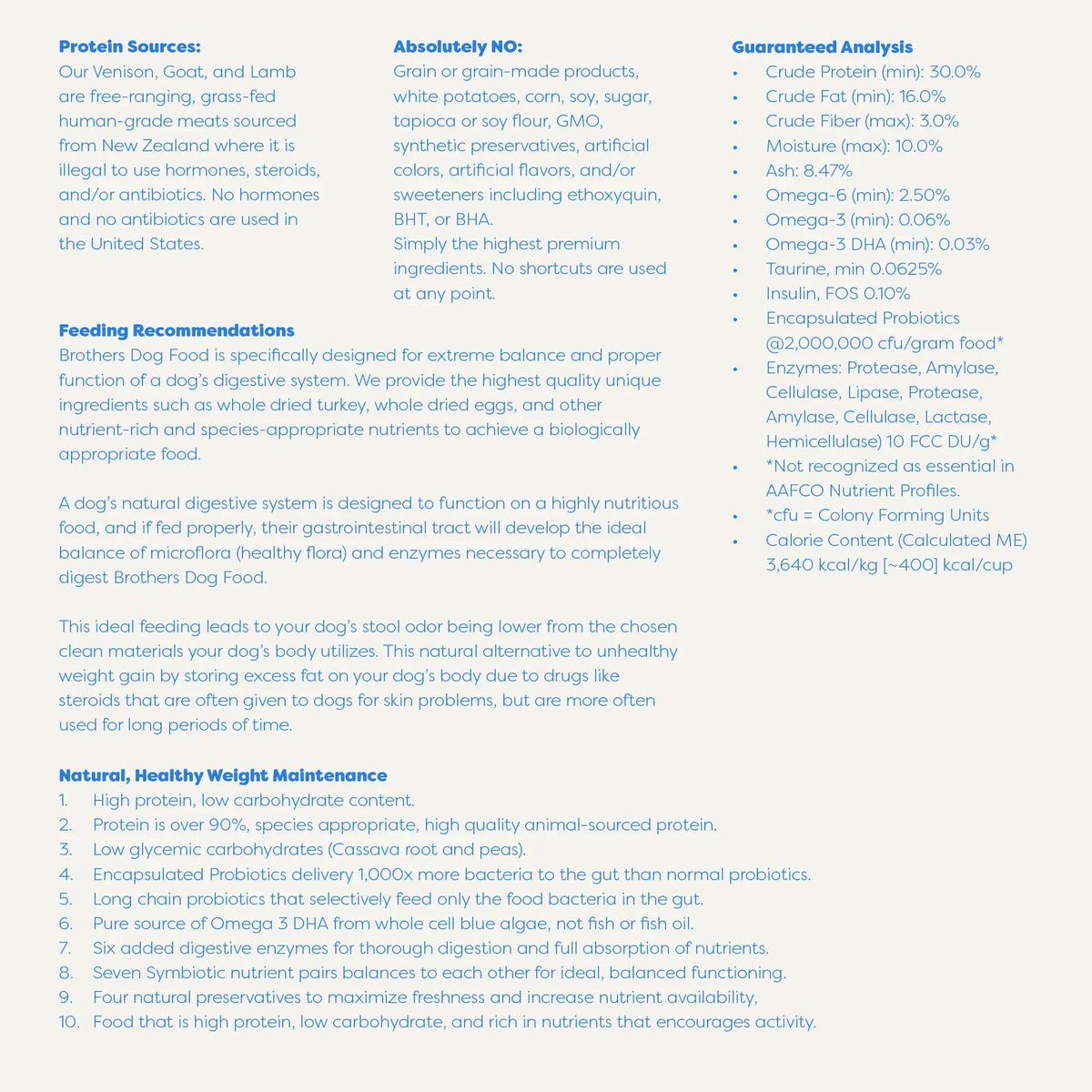 Brother's Dog Food label with text on protein sources, feeding recommendations, and guaranteed analysis.