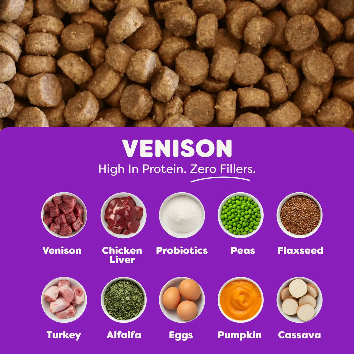 Dog food product with ingredients listed on a purple background