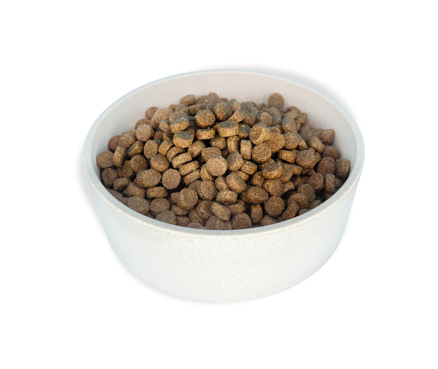 White bowl filled with brown pet food on a white background