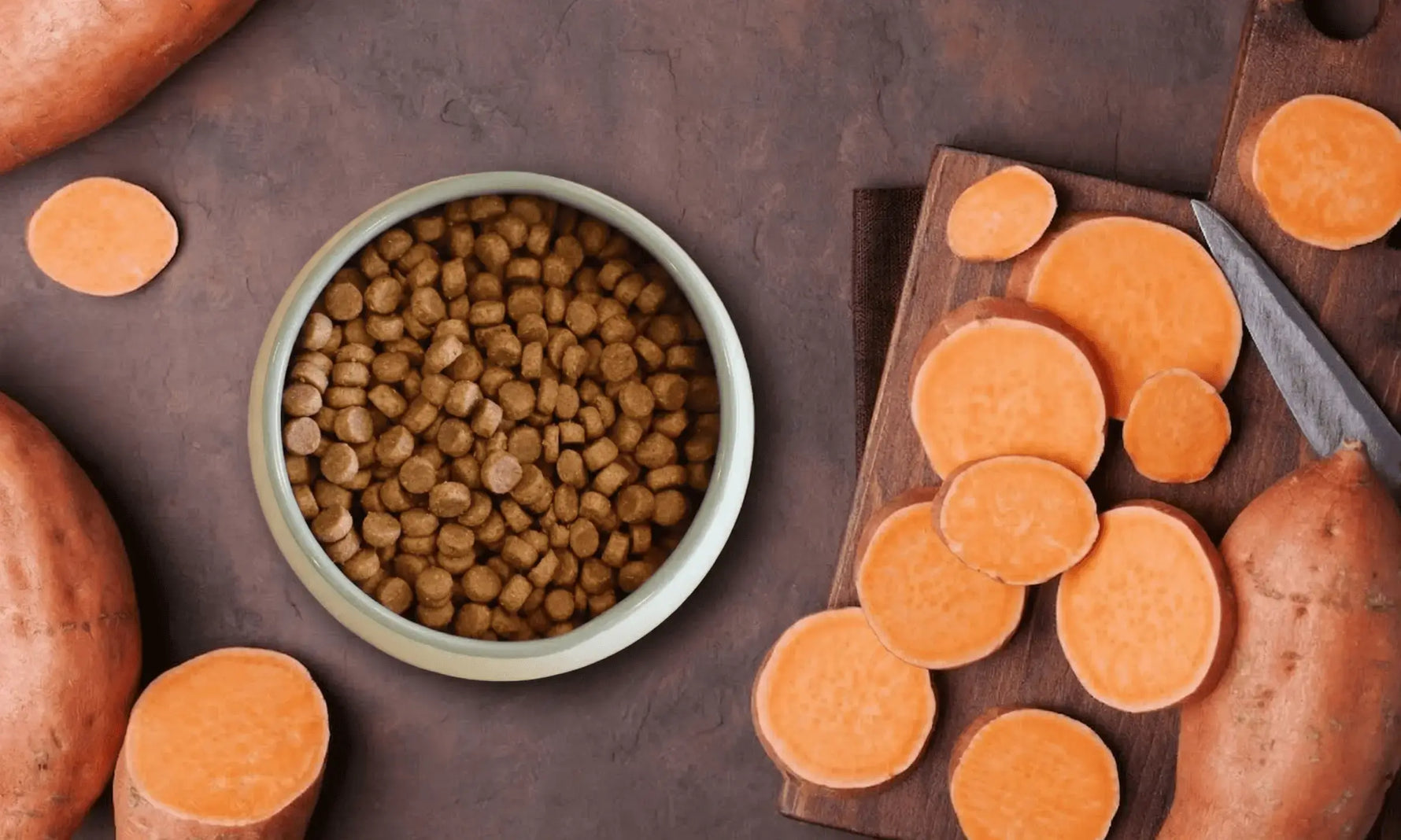 Sweet potato next to dog food