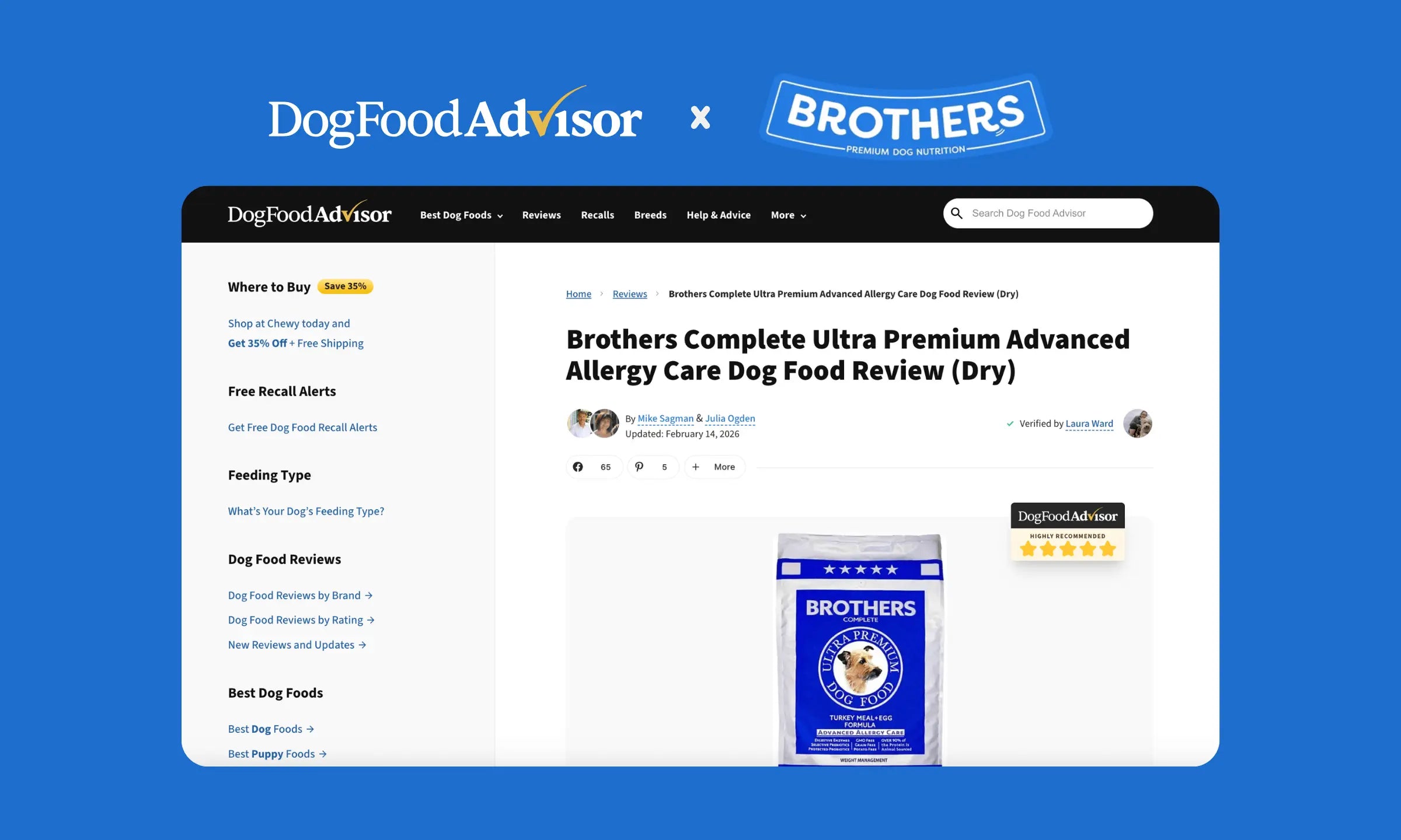Brothers Complete Ultra Premium Advanced Allergy Care Earns 5-Star Review from Dog Food Advisor