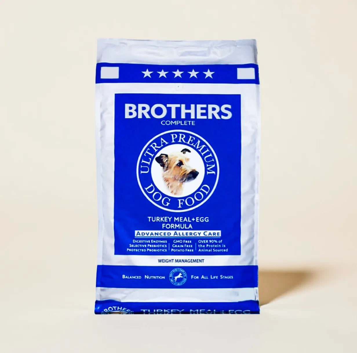 Brothers Ultra Premium Dog Food package on a beige background