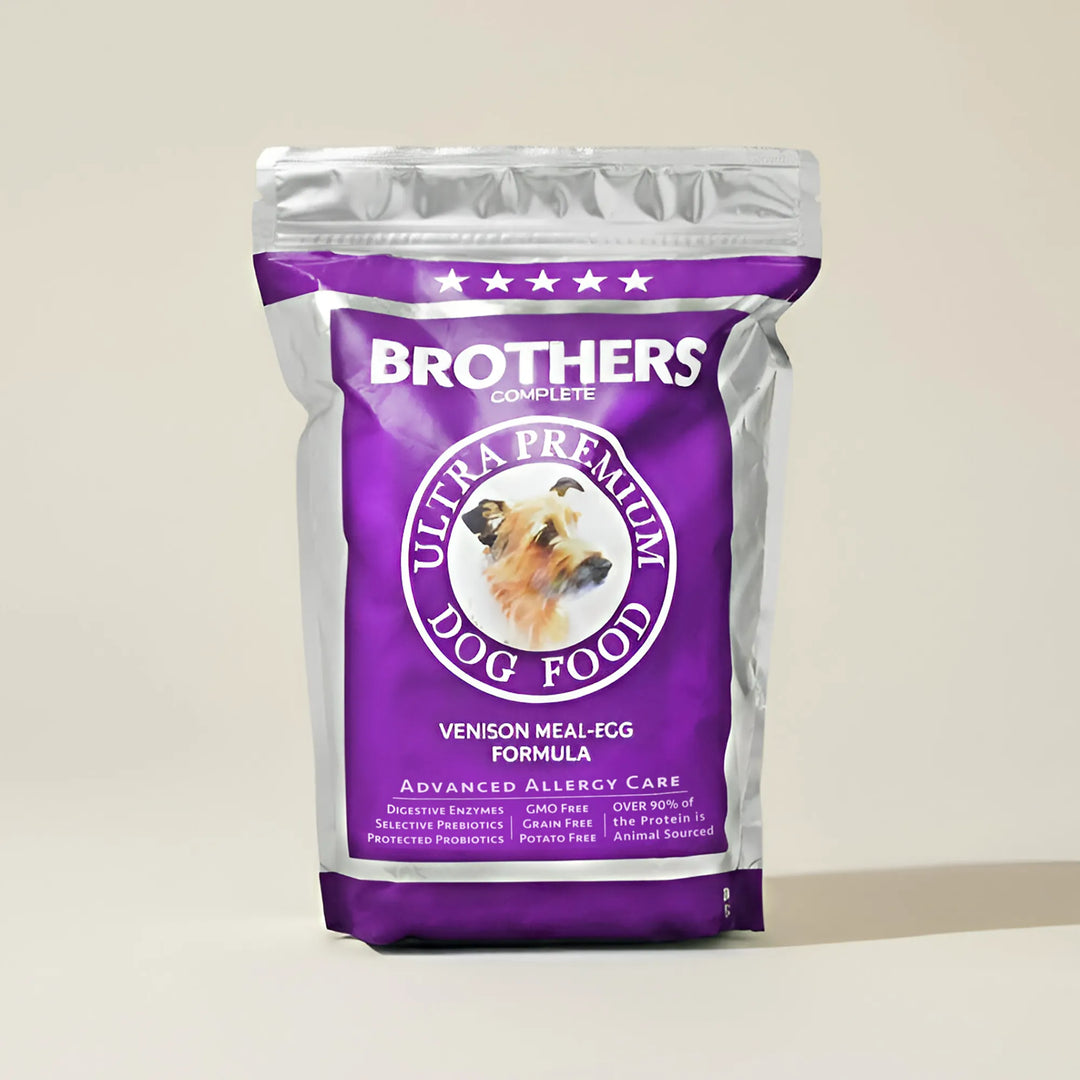 Brothers Ultra Premium Dog Food package on a beige background