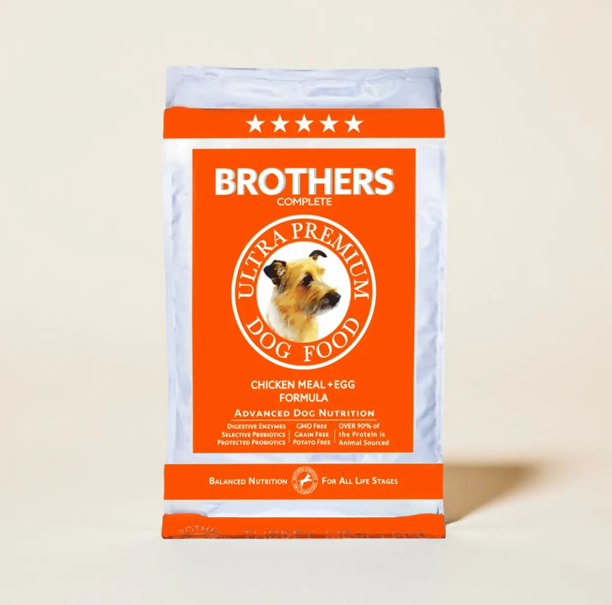 Brothers Complete dog food package on a beige background