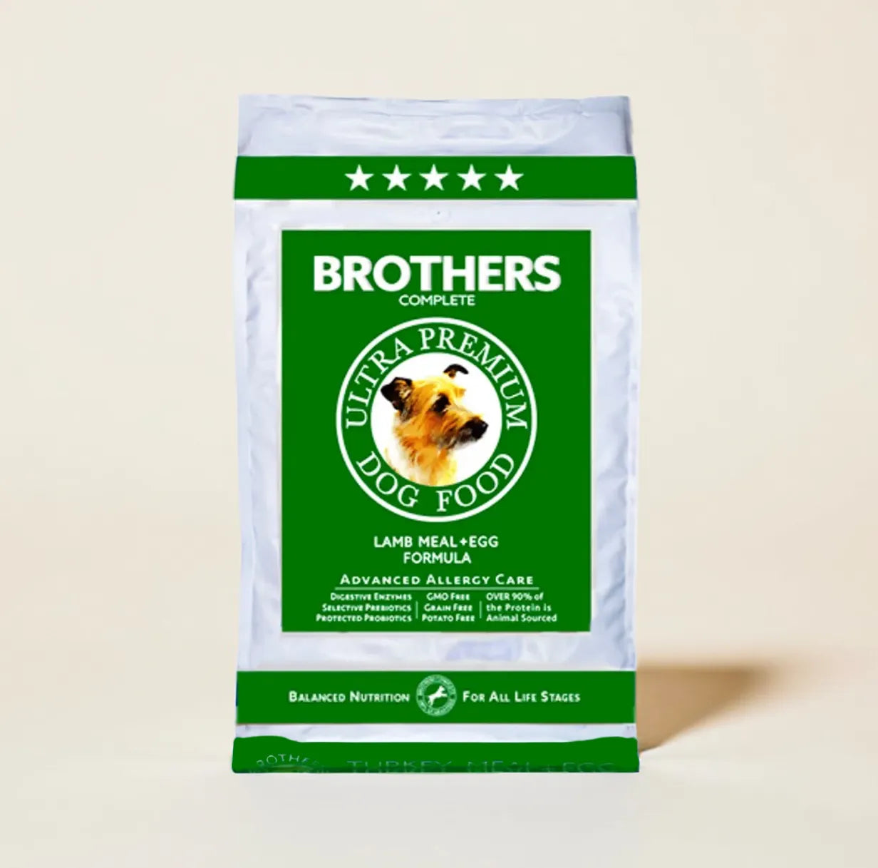 Brothers Ultra Premium Dog Food package on a beige background