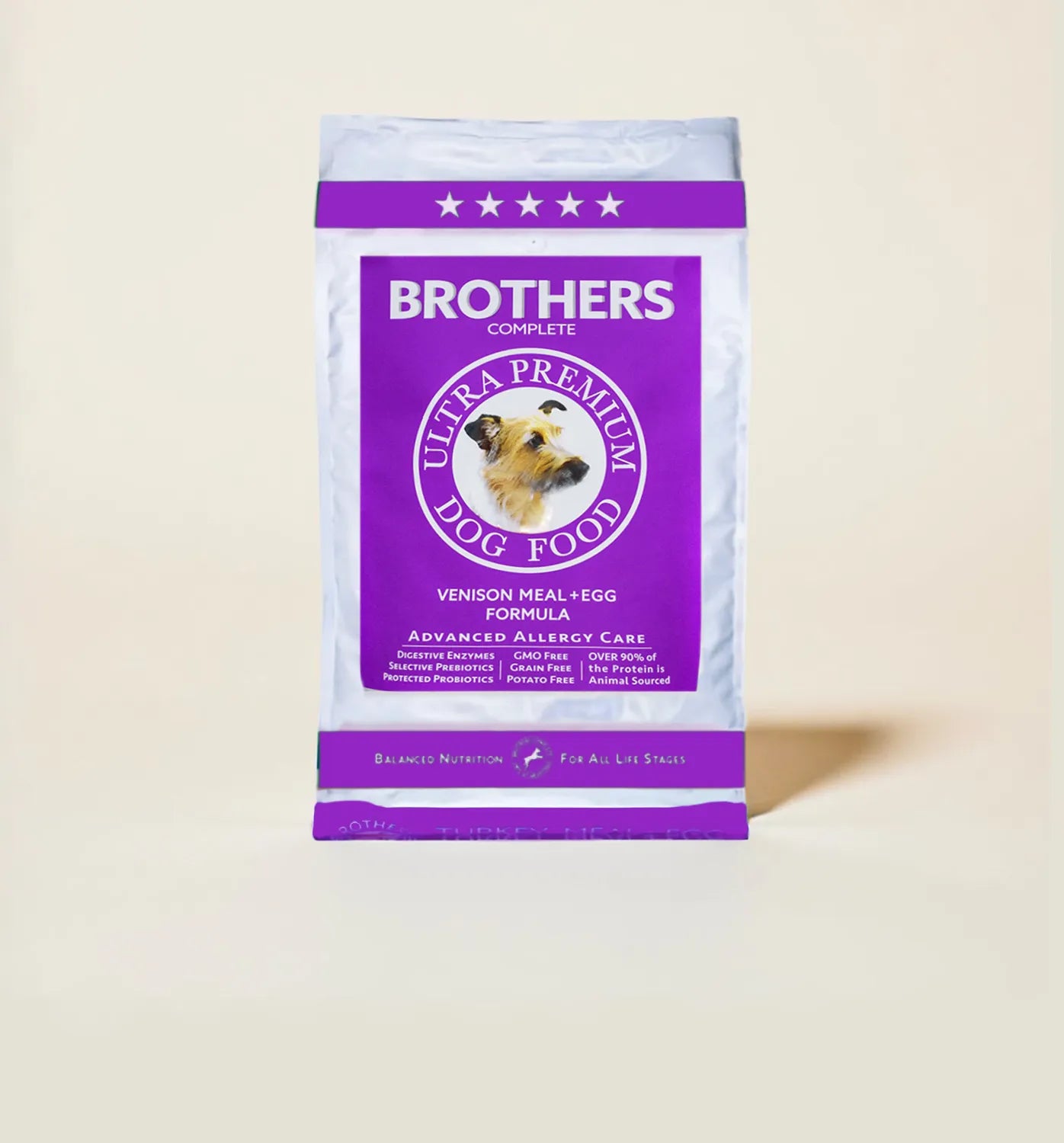 Brothers Complete dog food package on a beige background