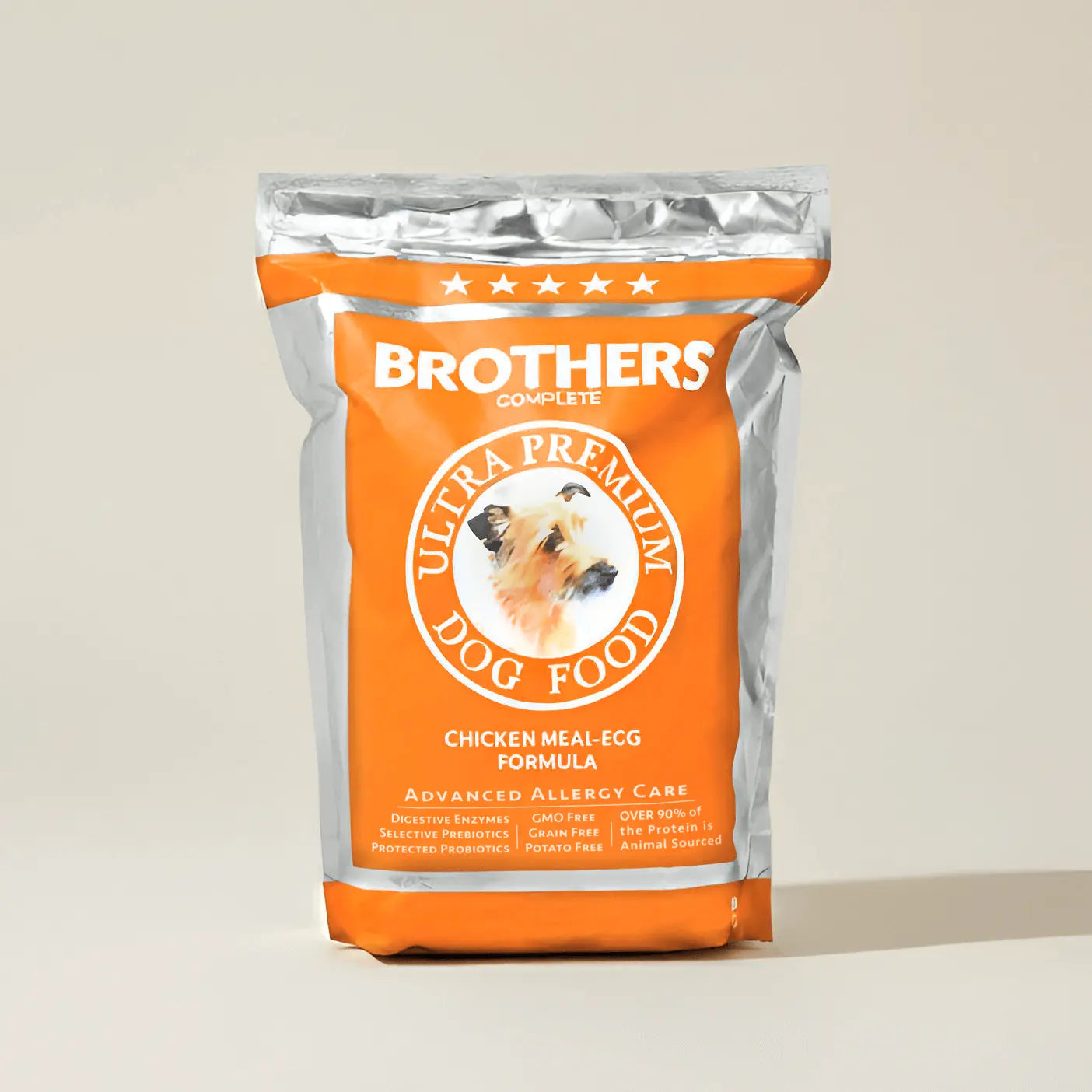 Bag of Brothers Complete Ultra Premium Dog Food on a beige background