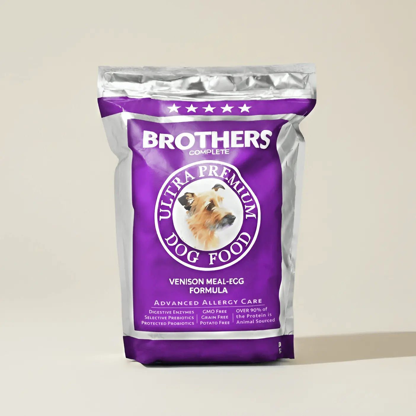 Purple bag of Brothers Ultra Premium Dog Food on a beige background