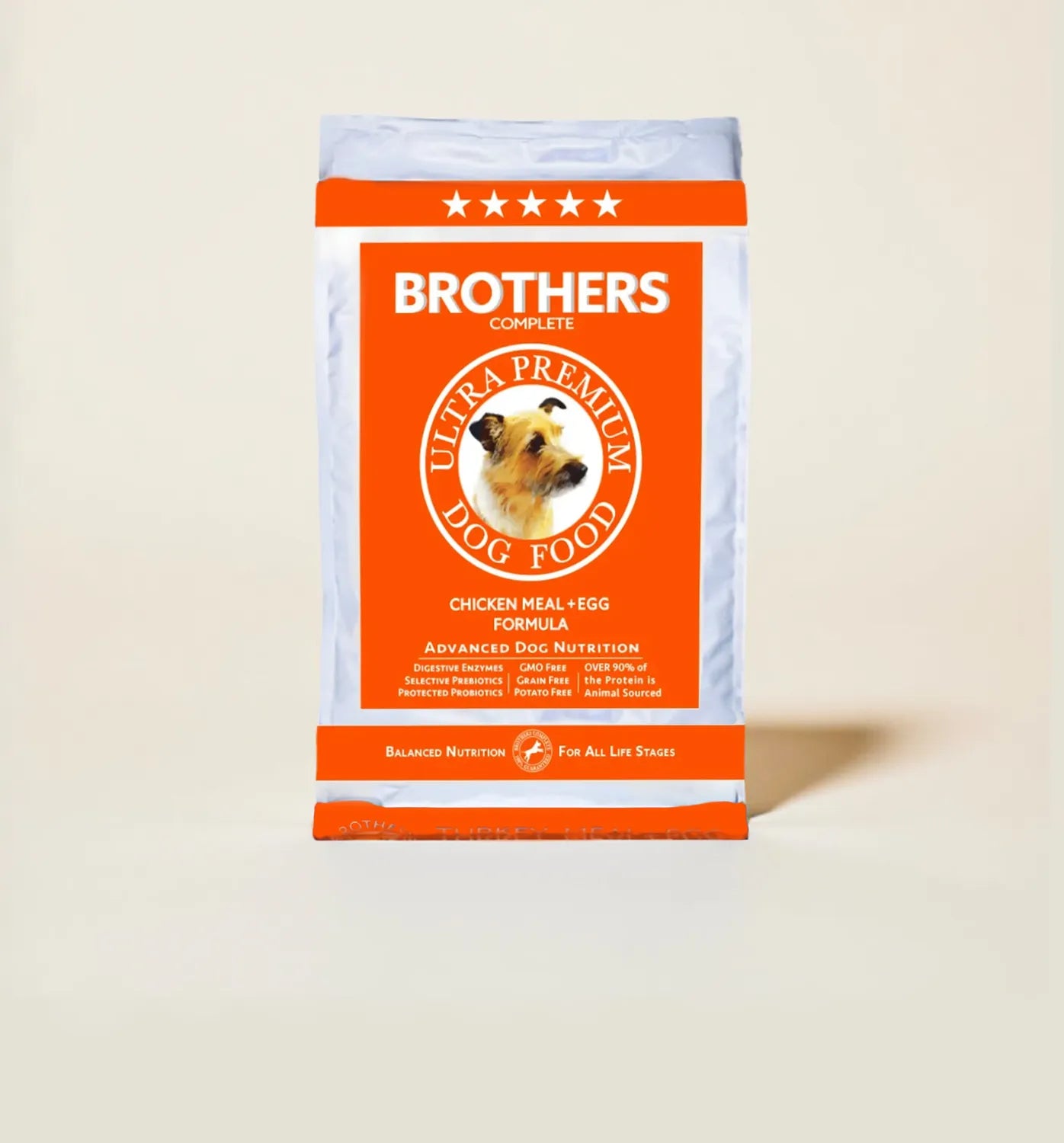 Brothers Complete dog food package on a beige background