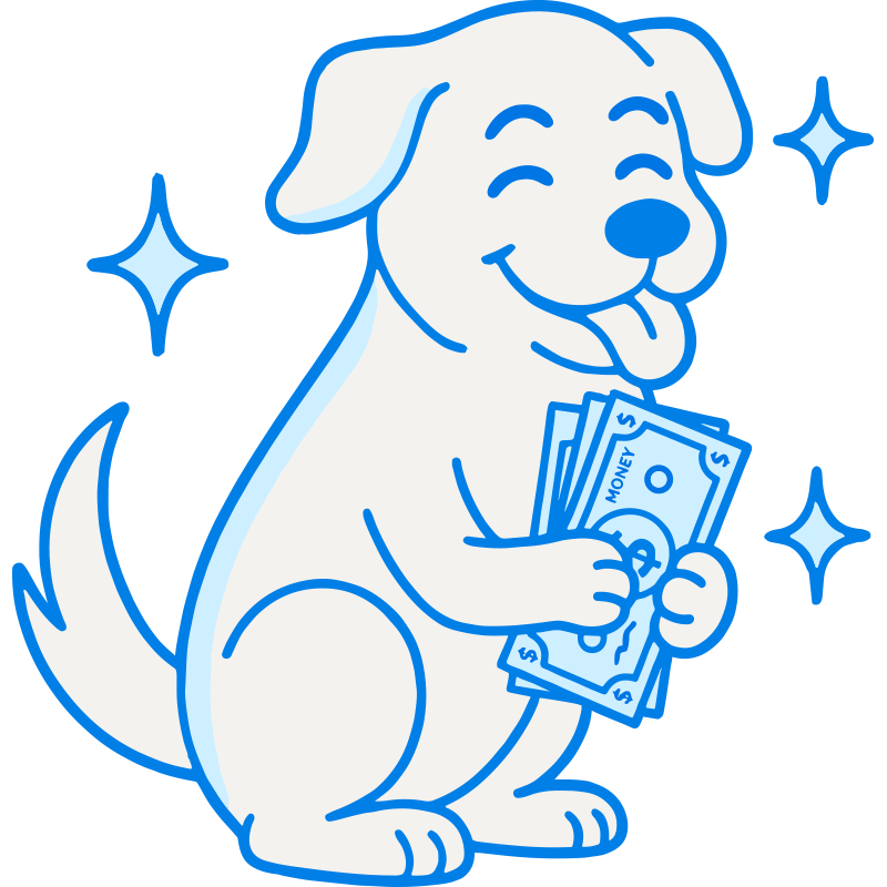 Illustration of a dog holding money with stars around on a black background