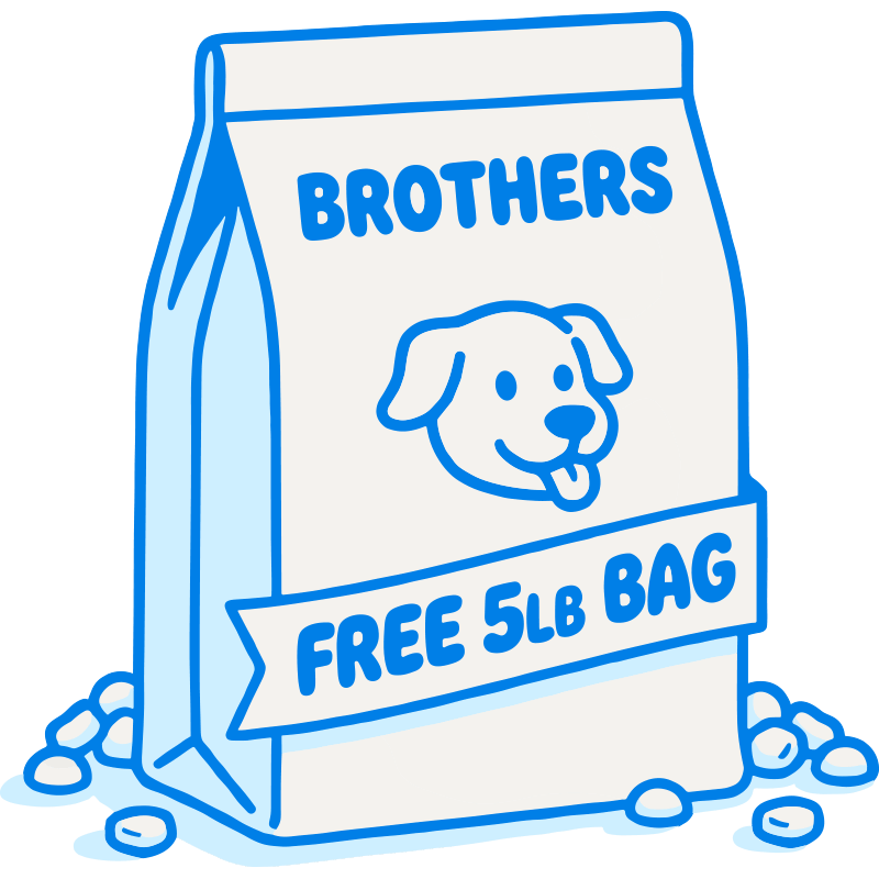 Dog food bag with 'Brothers' branding and 'Free 5lb Bag' offer on a black background