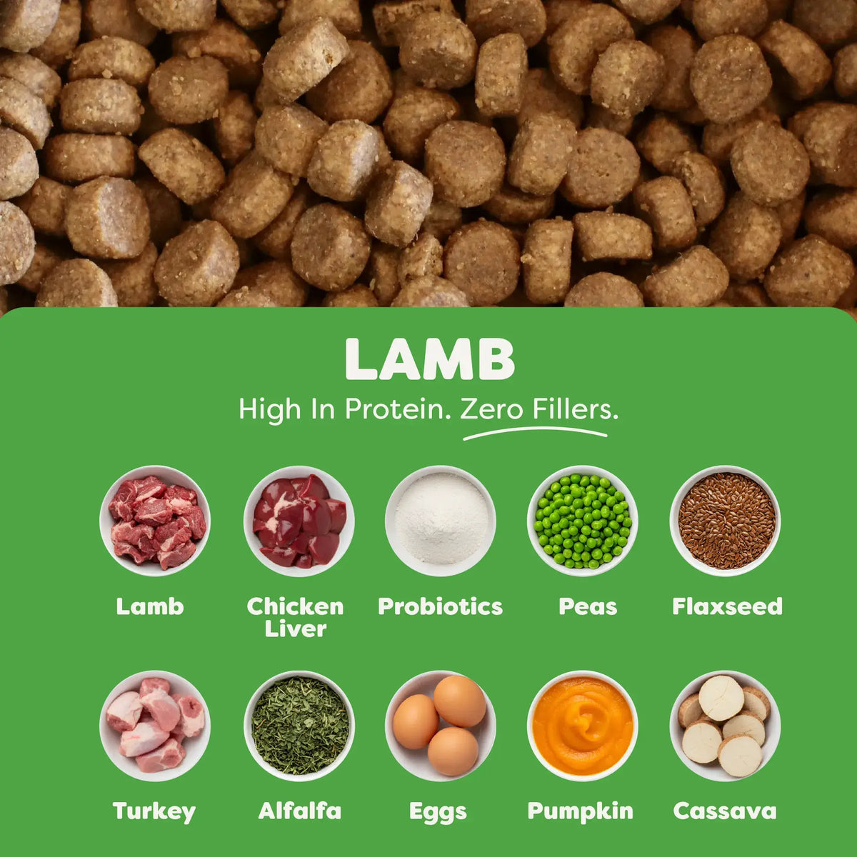 Dog food kibble with a green label detailing ingredients on a green background