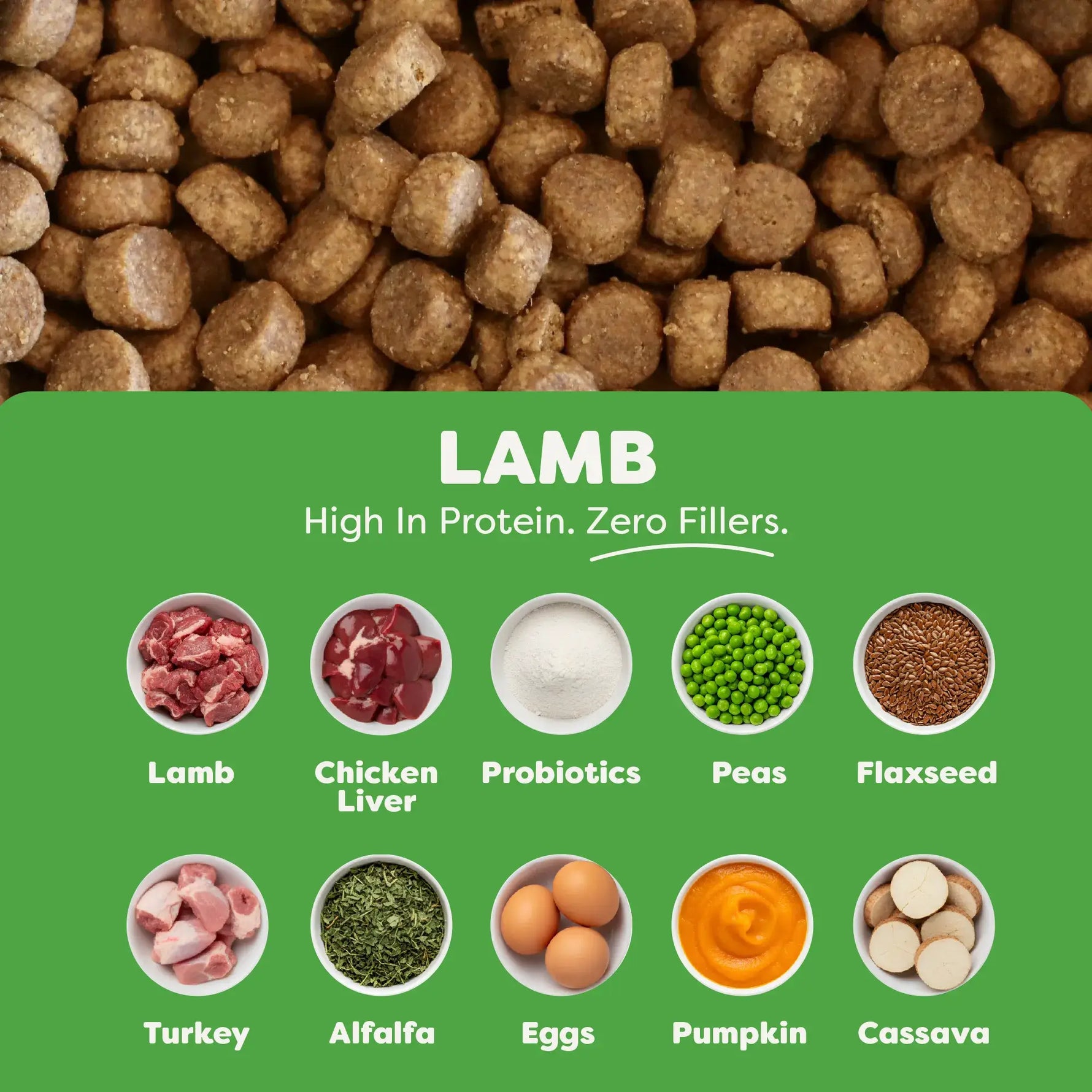 Dog food kibble with a green label detailing ingredients on a green background