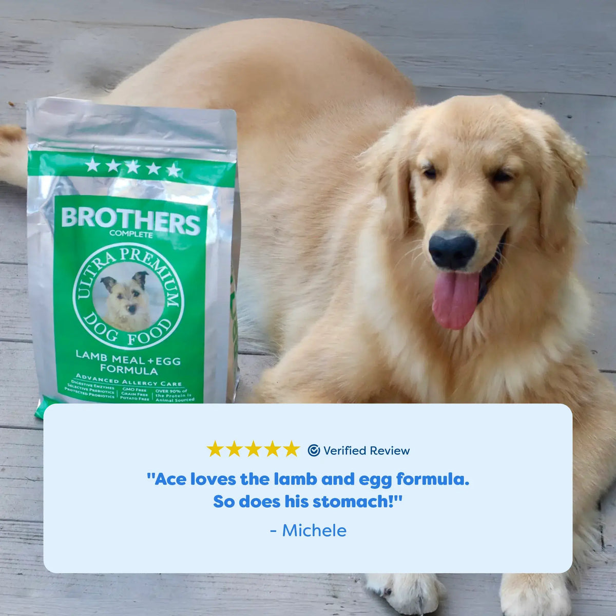 Dog with Brothers Ultra Premium Dog Food package and a five-star review on a wooden floor.