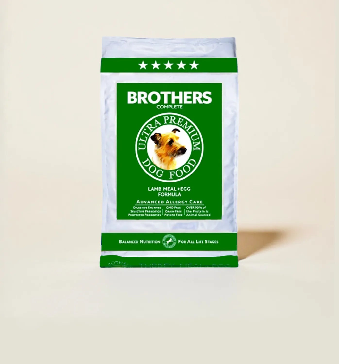 Bag of Brothers Complete Ultra Premium Dog Food on a light beige background