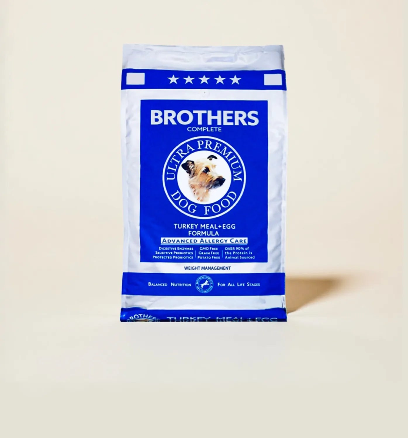 Brothers Complete Ultra Premium Dog Food package on a beige background