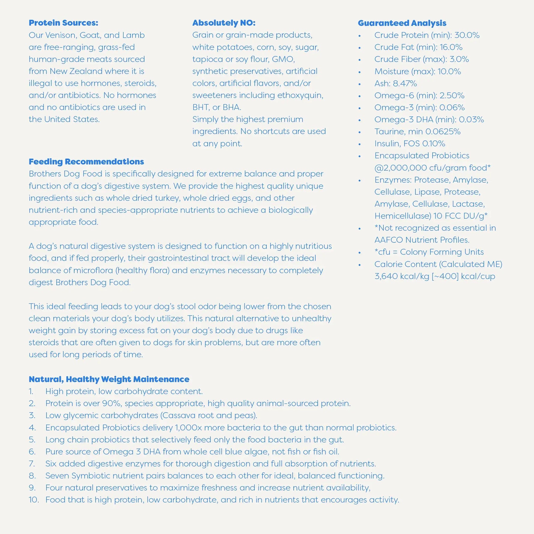 Brother's Dog Food label with text on protein sources, feeding recommendations, and guaranteed analysis.