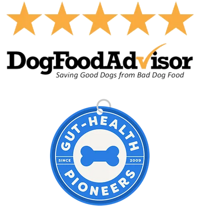 DogFoodAdvisor logo with five yellow stars and a blue 'Gut Health Pioneers' sign.