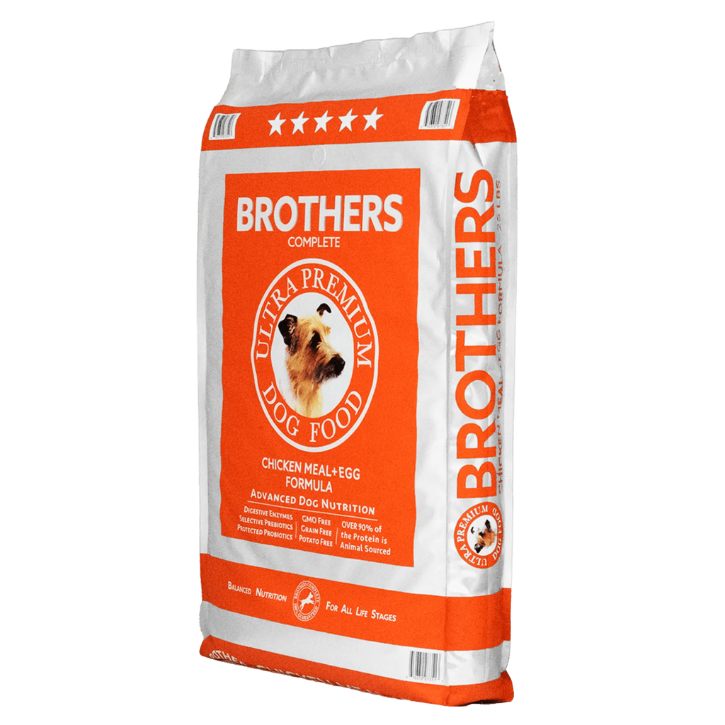 Bag of Brothers dog food on a white background
