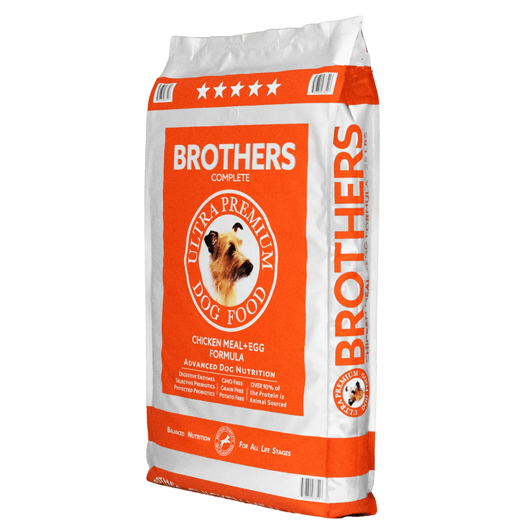 Bag of Brothers dog food on a white background