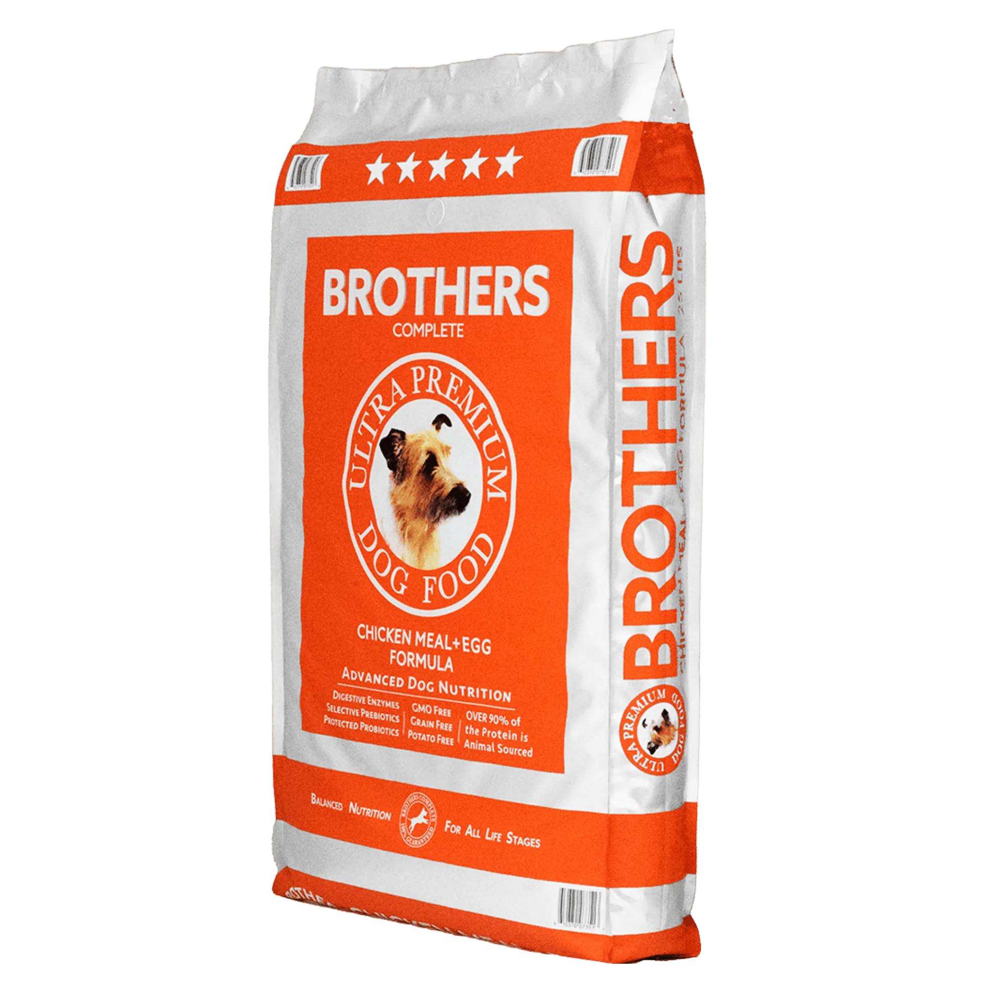 Bag of Brothers dog food on a white background