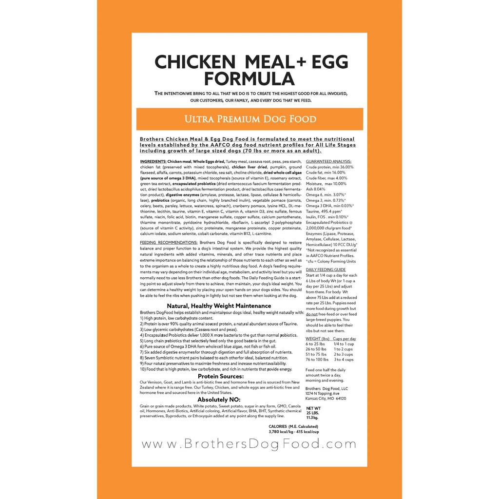 Brothers Chicken Meal + Egg Dog Food packaging with text and website URL.