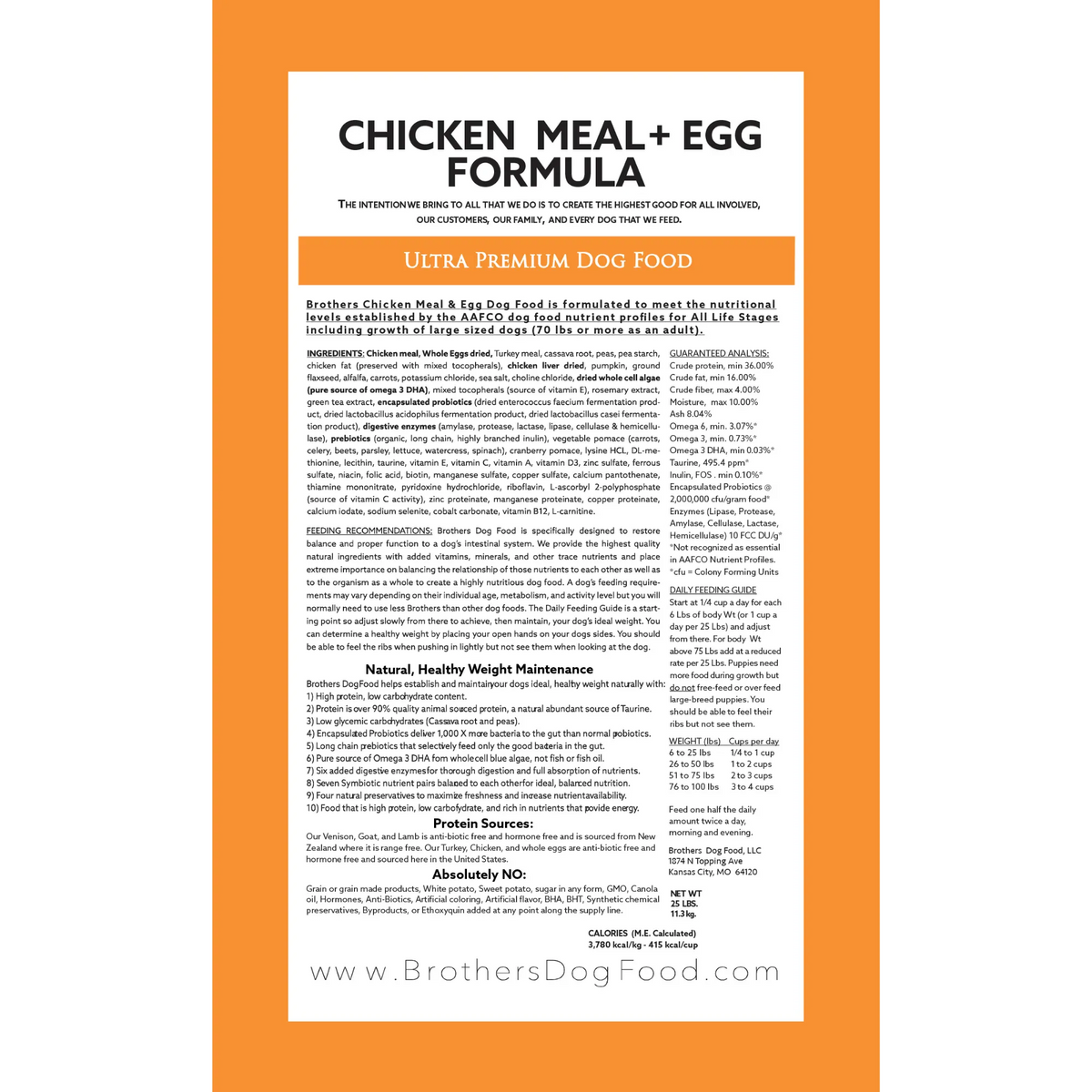 Brothers Chicken Meal + Egg Dog Food packaging with text and website URL.