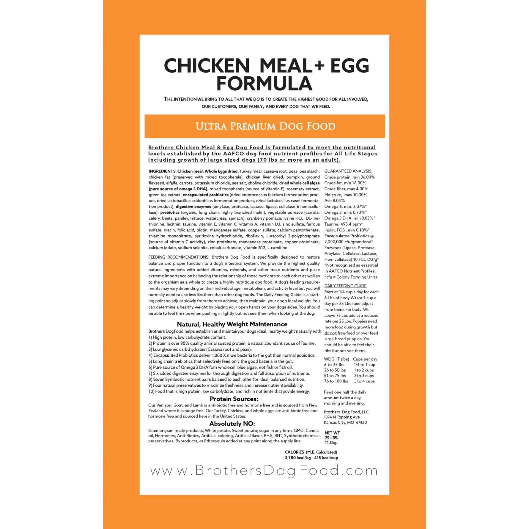 Brothers Chicken Meal + Egg Dog Food packaging with text and website URL.