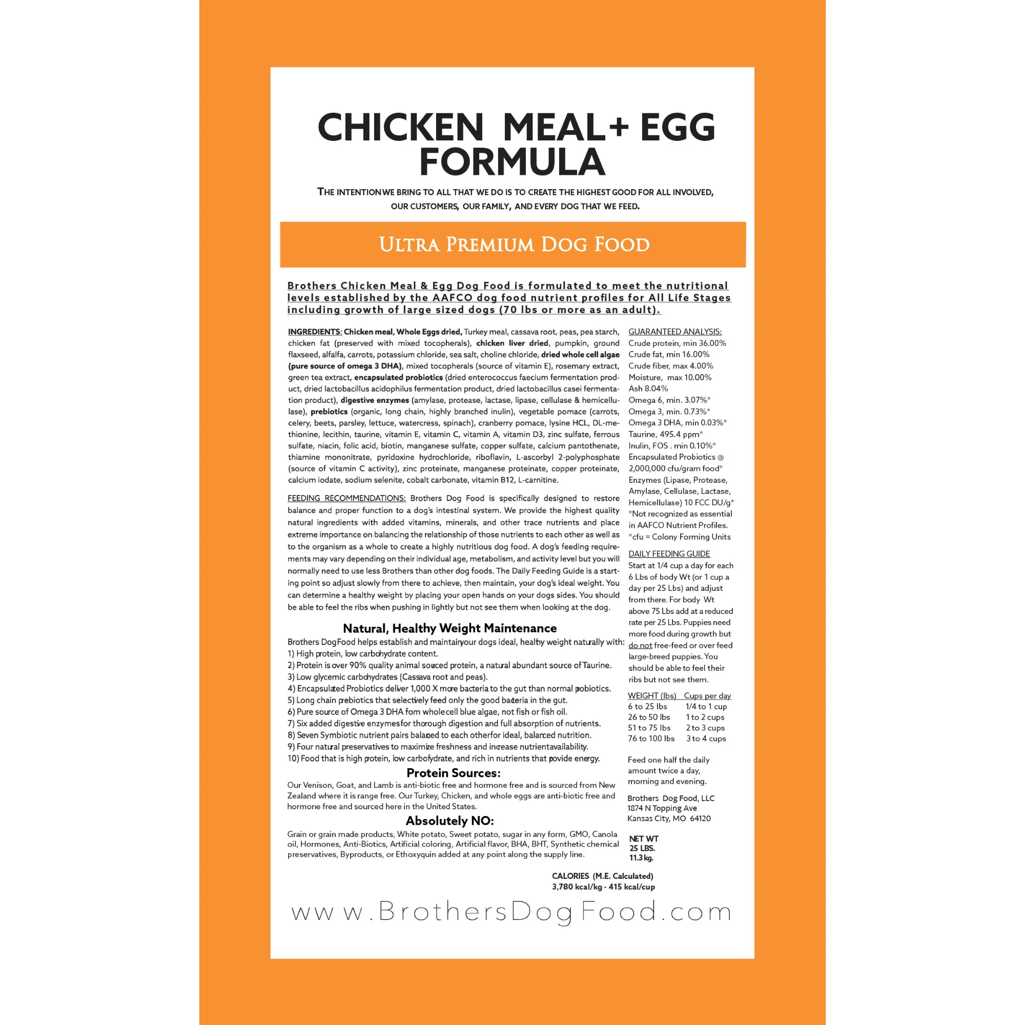 Brothers Chicken Meal + Egg Dog Food packaging with text and website URL.