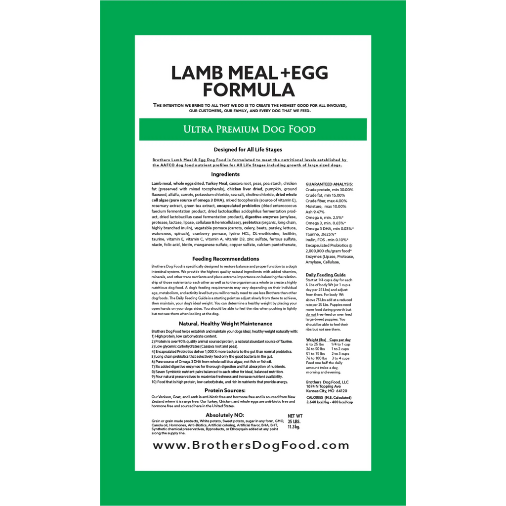 Dog food label for 'Lamb Meal + Egg Formula' with green border