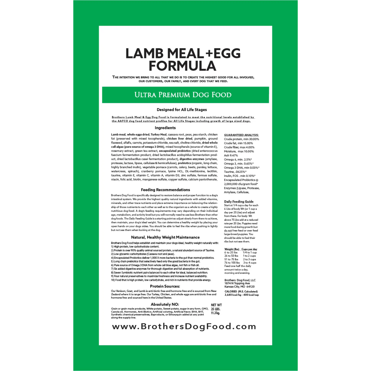 Dog food label for 'Lamb Meal + Egg Formula' with green border