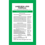 Dog food label for 'Lamb Meal + Egg Formula' with green border