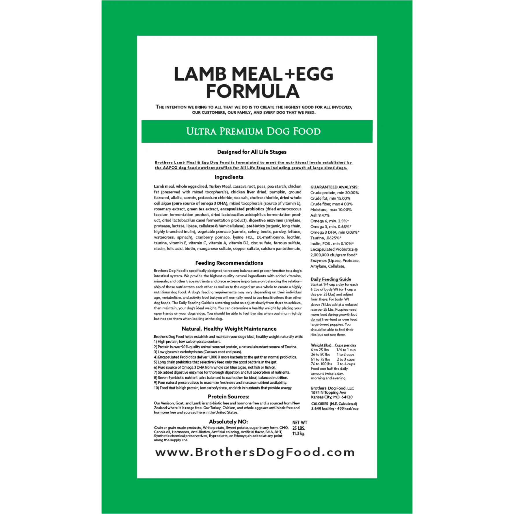 Dog food label for 'Lamb Meal + Egg Formula' with green border