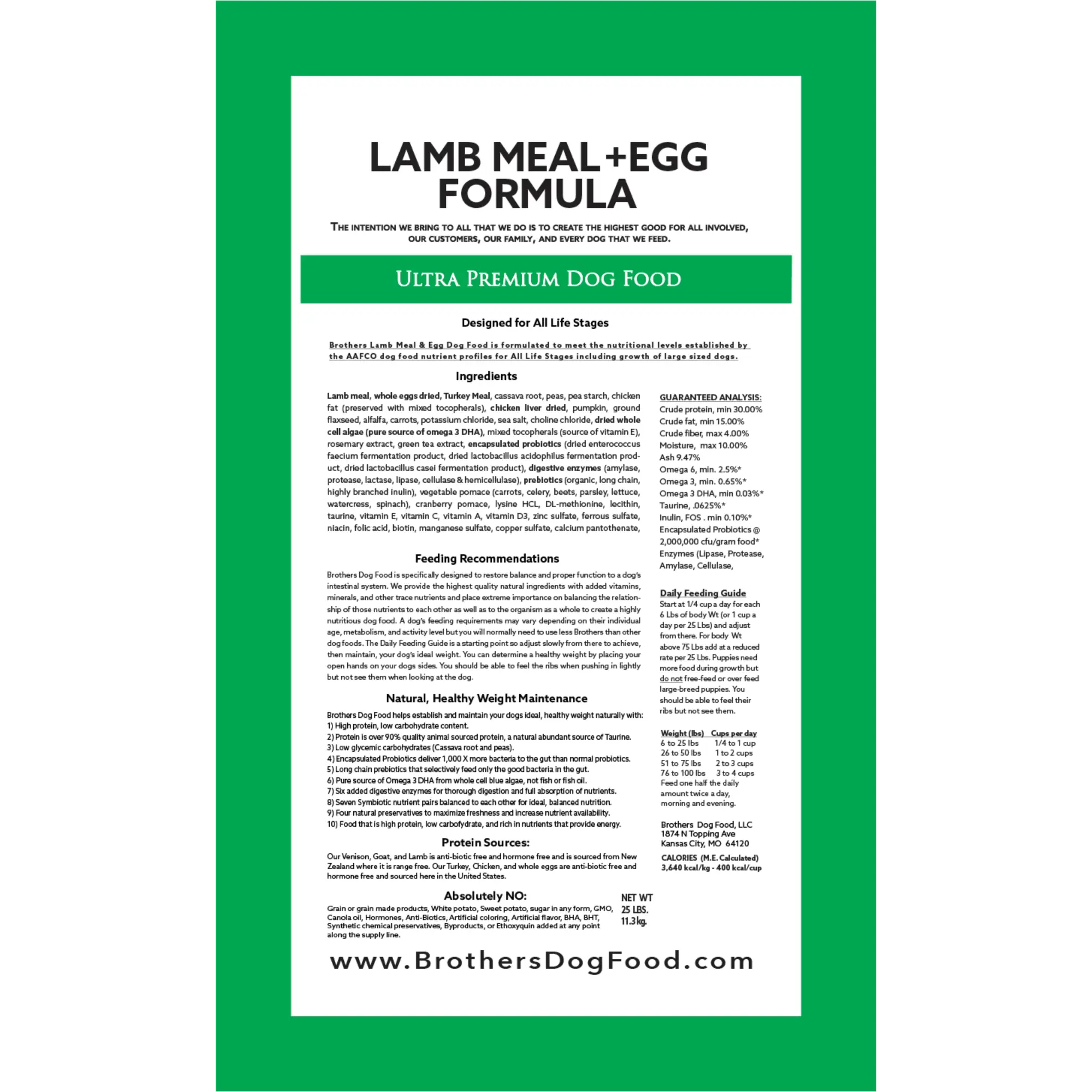 Dog food label for 'Lamb Meal + Egg Formula' with green border