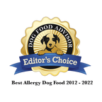 Dog Food Advisor Editor's Choice award for best allergy dog food on a white background