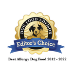 Dog Food Advisor Editor's Choice award for best allergy dog food on a white background
