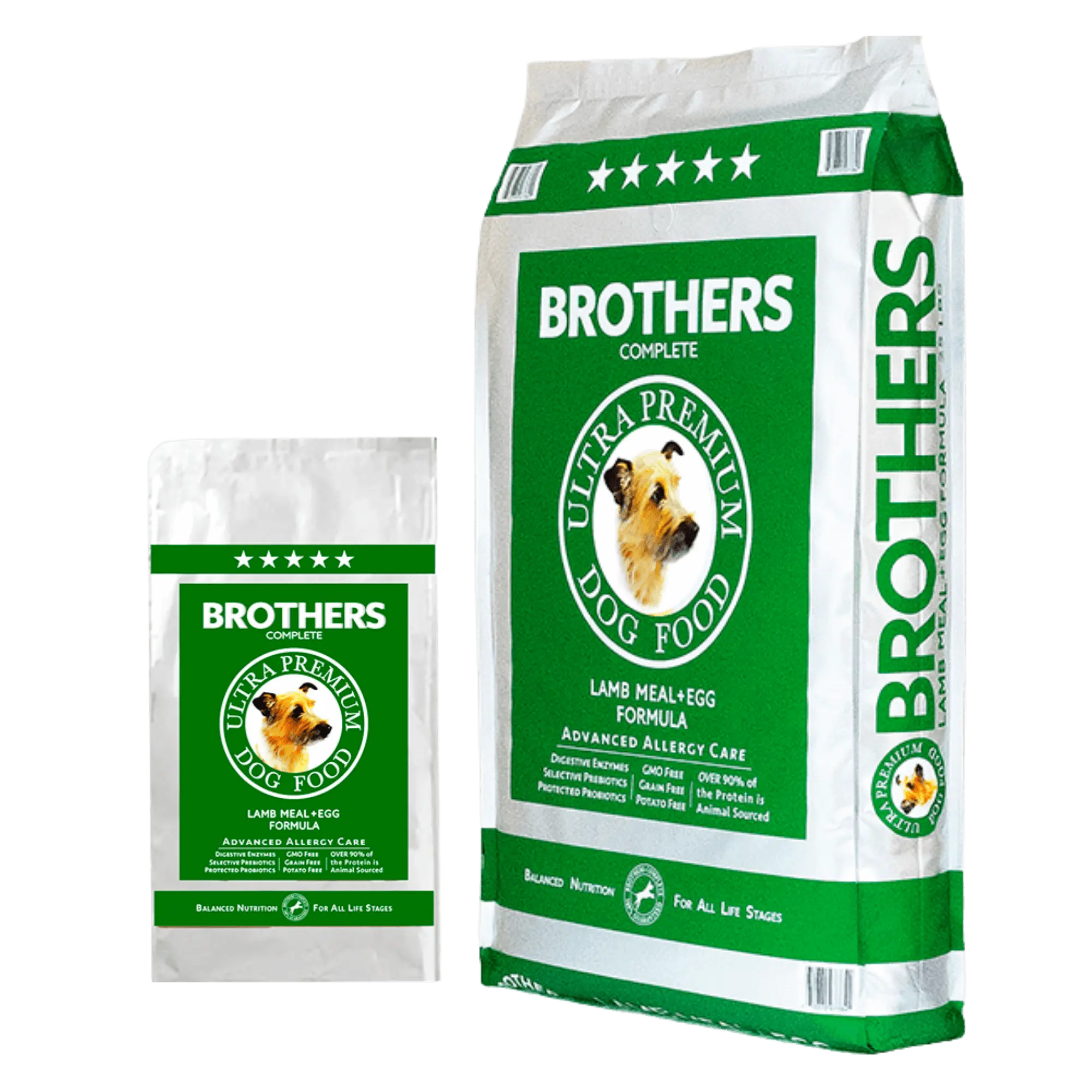 Two Brothers Ultra Premium Dog Food packages on a white background