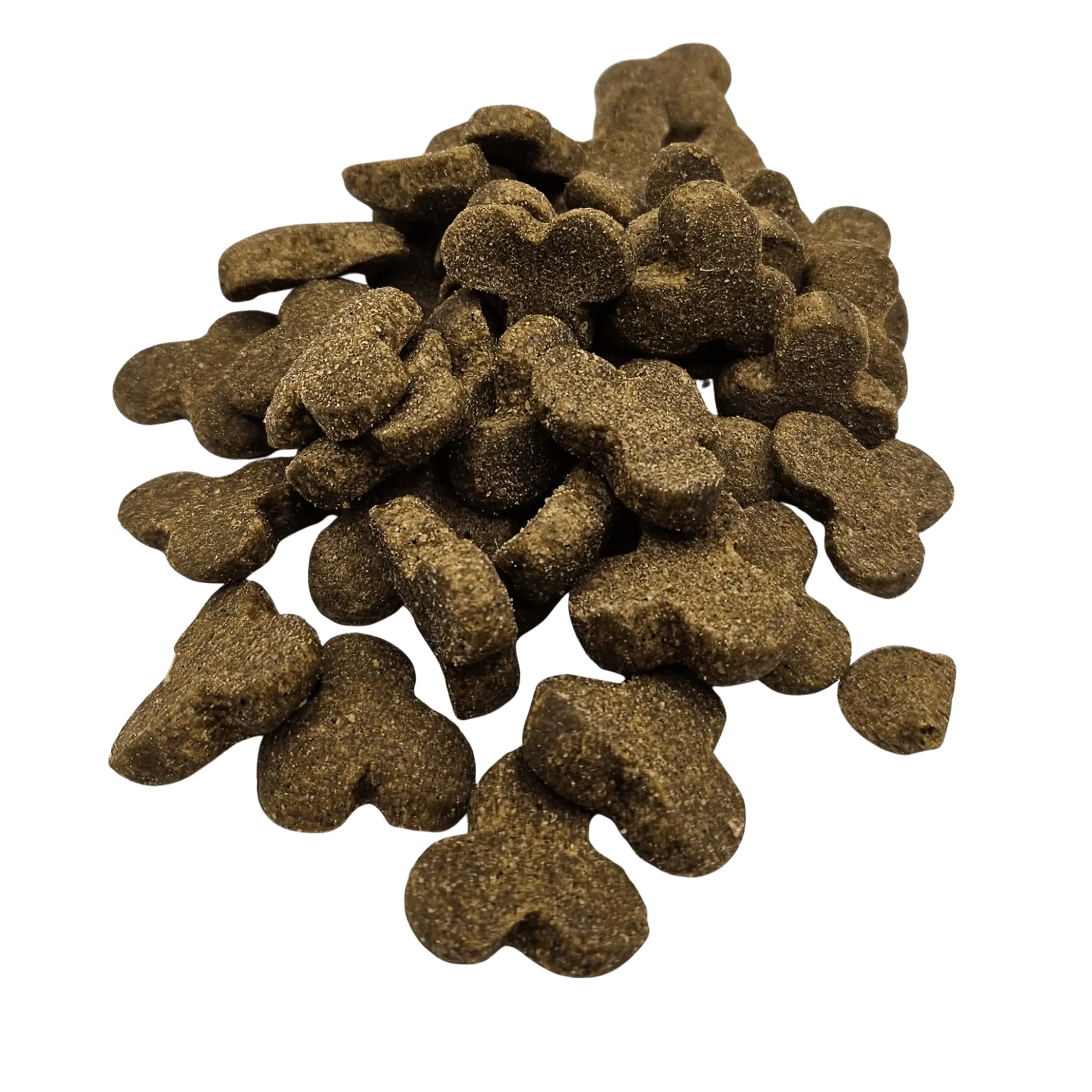 Pile of brown dog treats shaped like bones on a white background