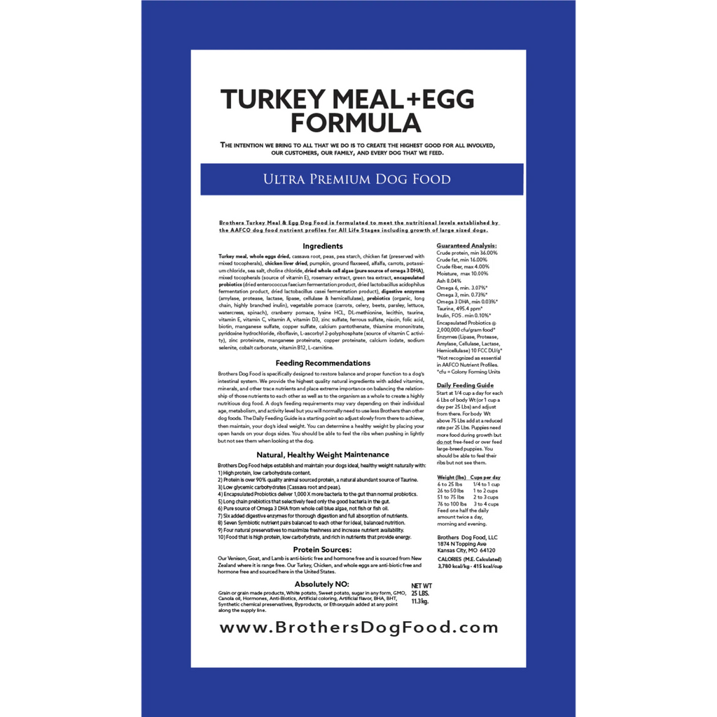 Brochure or label for Ultra Premium Dog Food with turkey meal and egg formula on a blue background