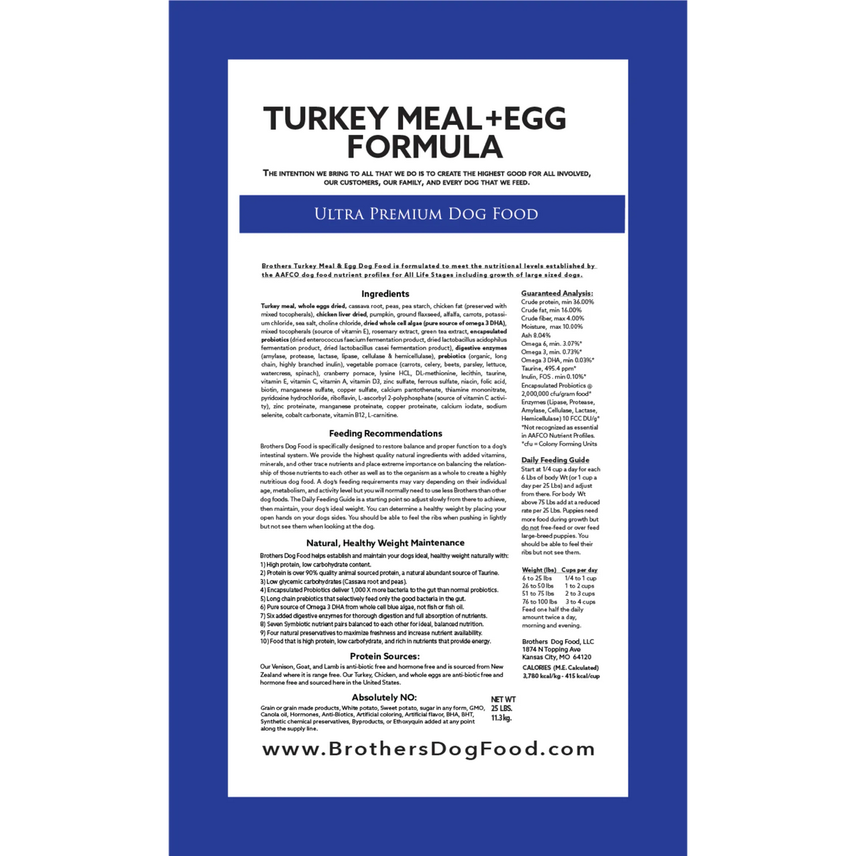 Brochure or label for Ultra Premium Dog Food with turkey meal and egg formula on a blue background