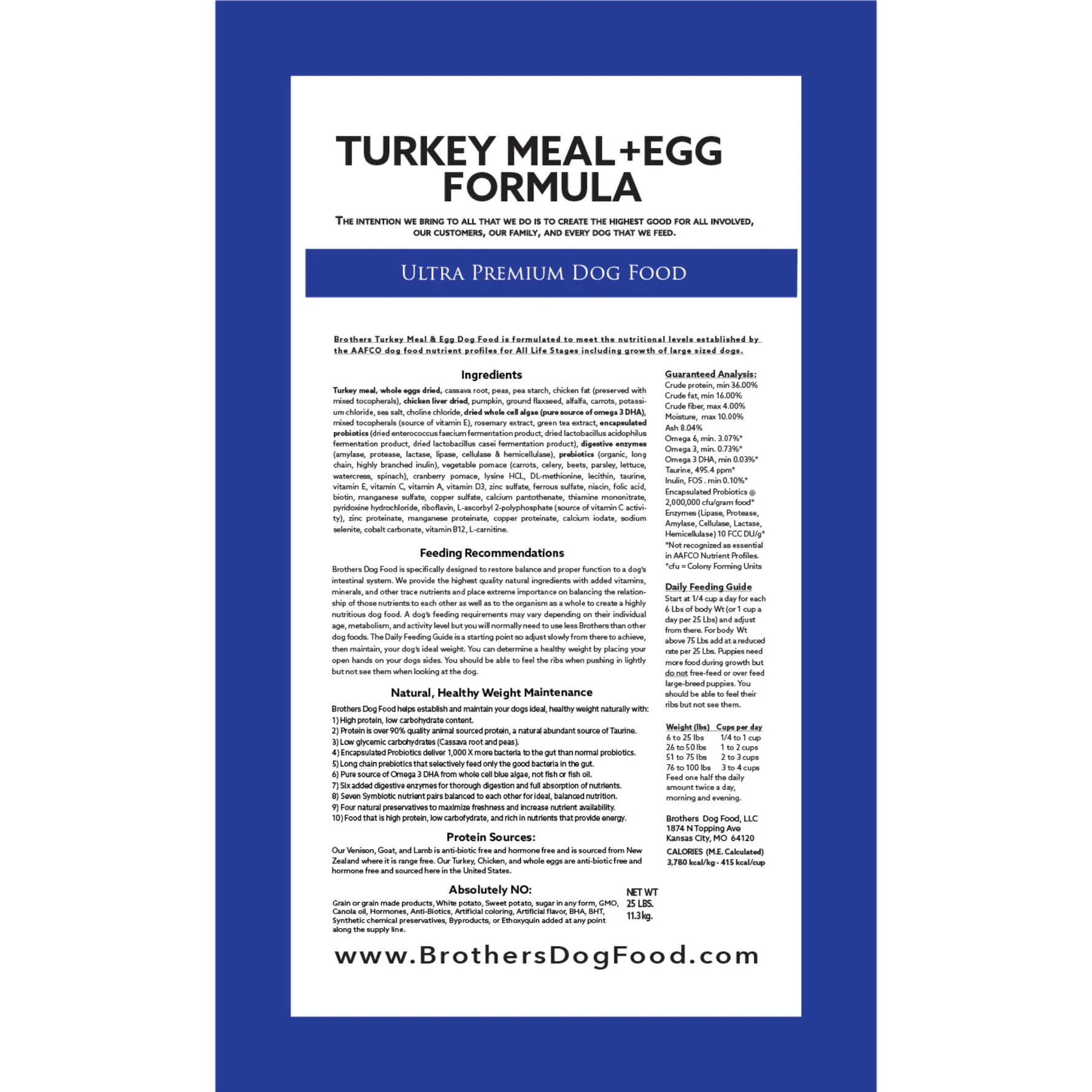 Brochure or label for Ultra Premium Dog Food with turkey meal and egg formula on a blue background