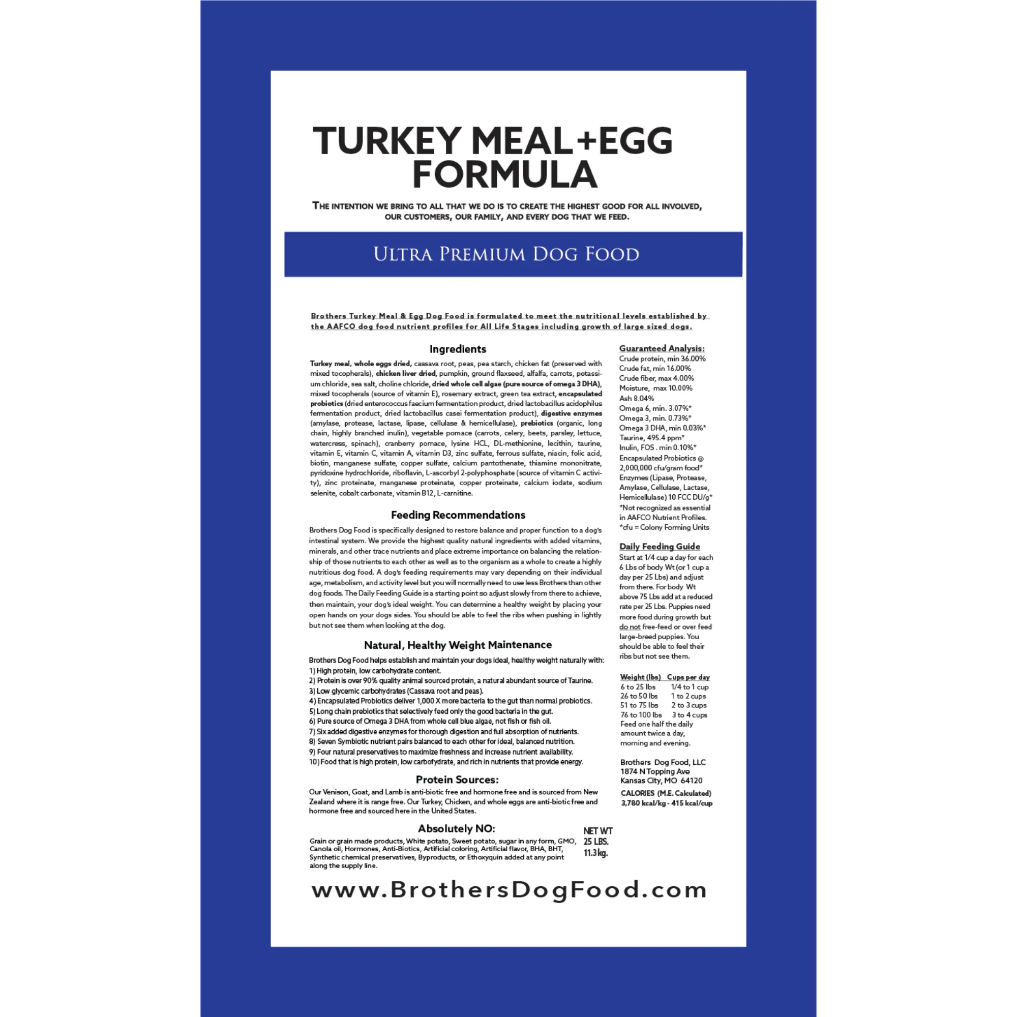 Brochure or label for Ultra Premium Dog Food with turkey meal and egg formula on a blue background