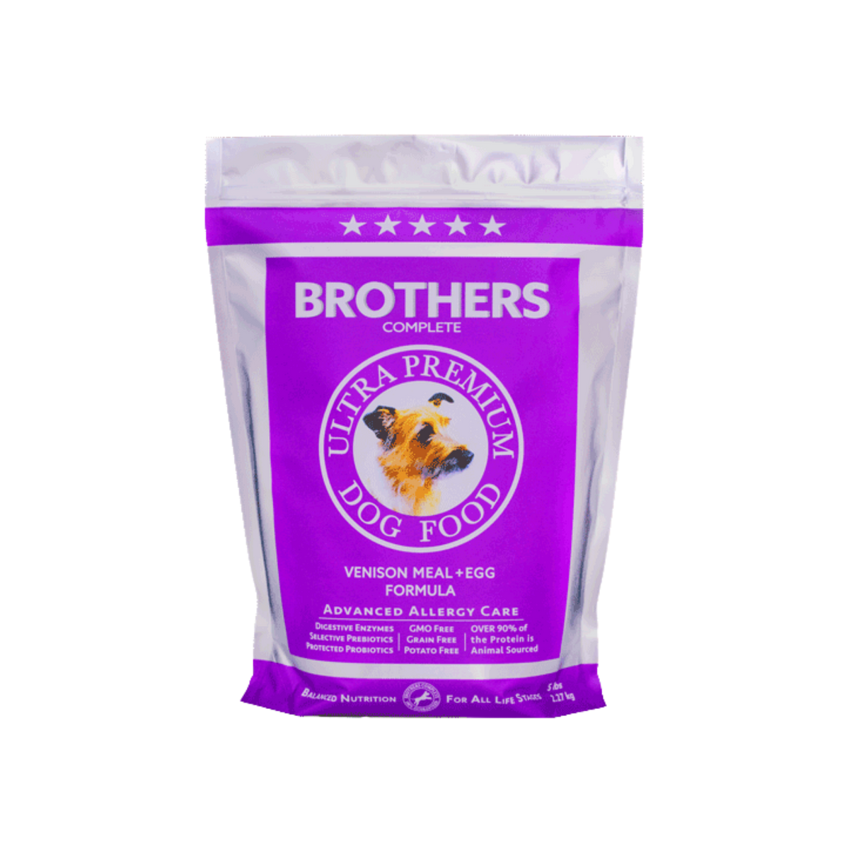 Brothers Complete ultra premium dog food package on a white background