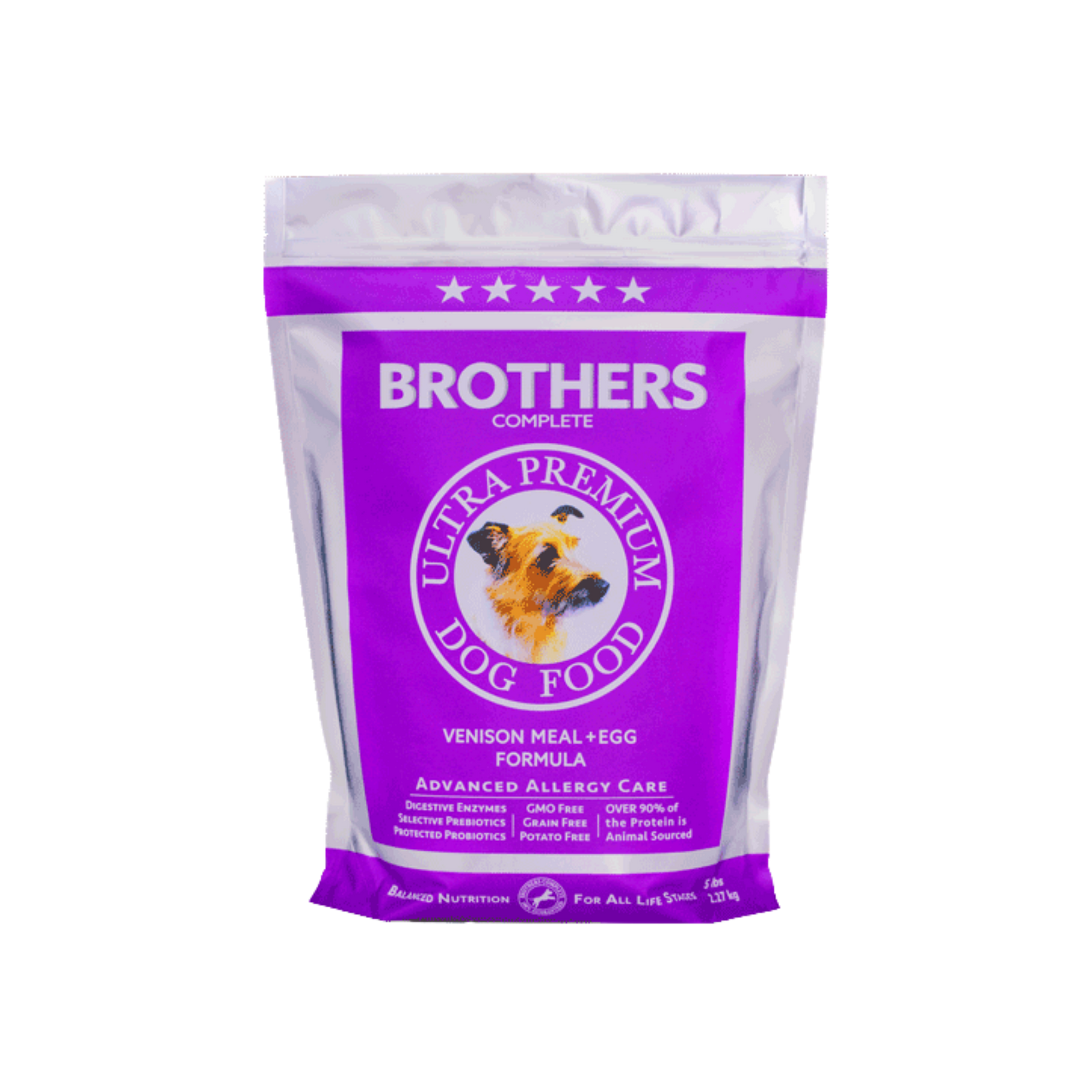 Brothers Complete ultra premium dog food package on a white background