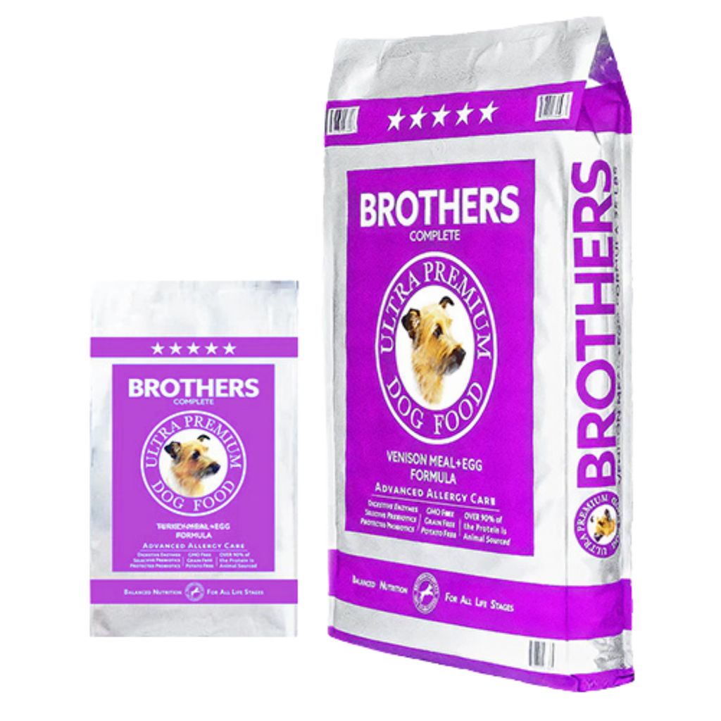 Two packages of Brothers Ultra Premium Dog Food on a white background