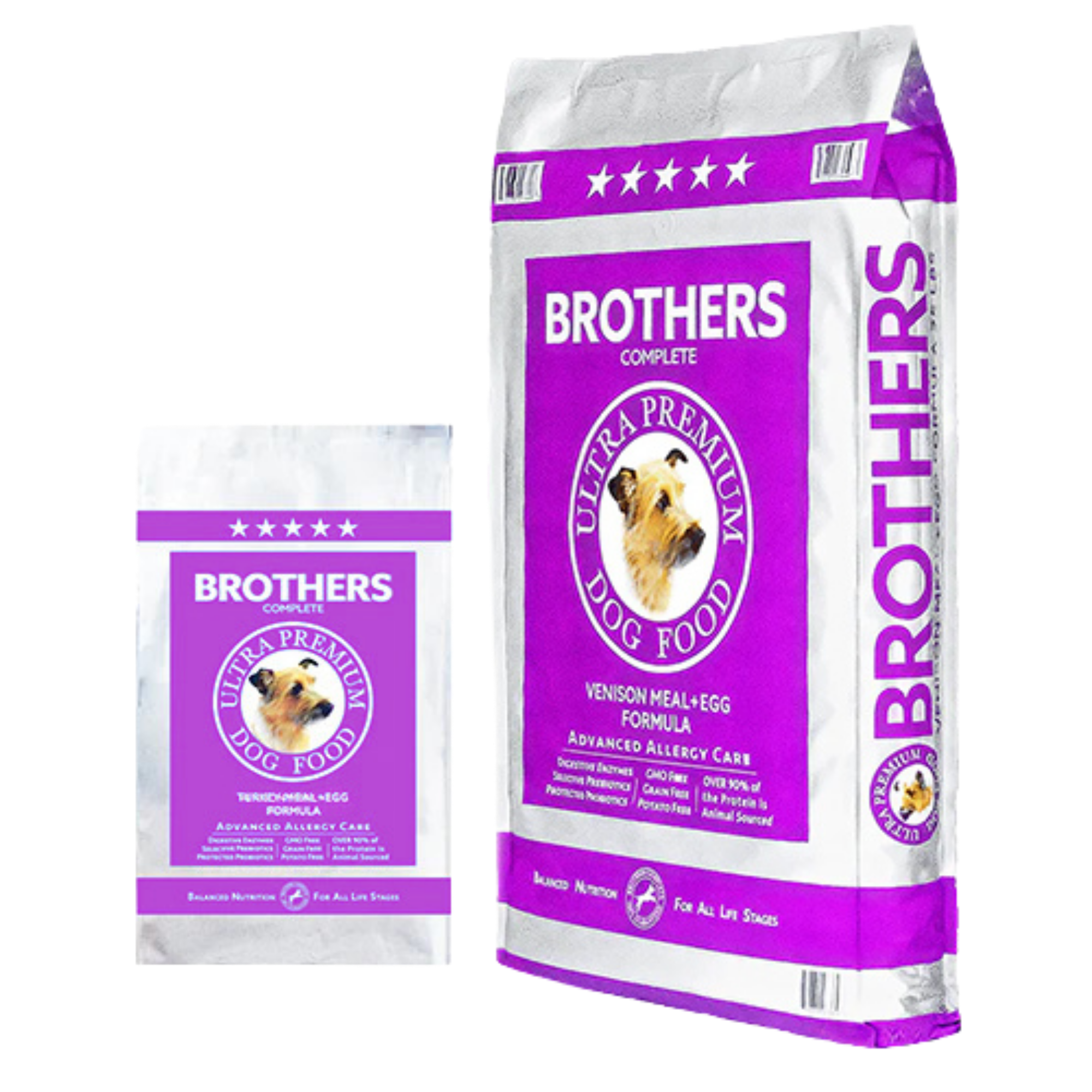 Two packages of Brothers Ultra Premium Dog Food on a white background