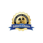 Dog Food Advisor Editor's Choice badge with a gold border and blue ribbon on a white background
